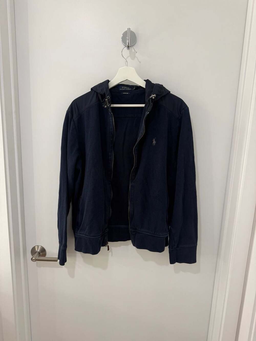 Polo Ralph Lauren Estate Rib Navy Blue Zip-Up Hoodie with Nylon Detail
